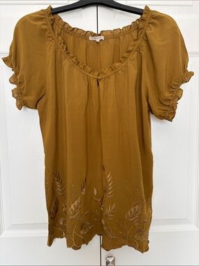 RW&CO. Mustard Ruffled Peasant Blouse with Embroidered Hem